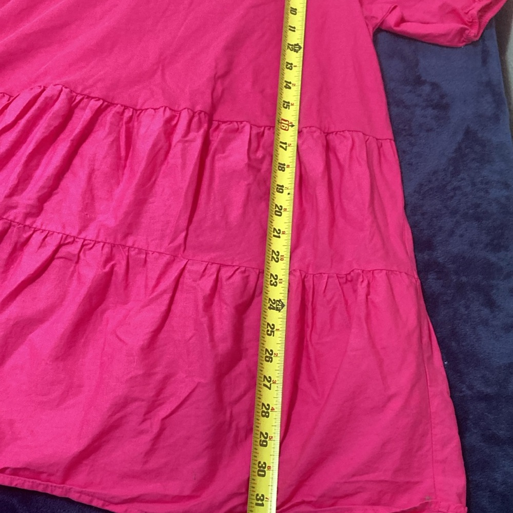 ZARA Hot Pink Puff Sleeve Tiered Swing Mini Dress Women's Sz L Cotton - Picture 8 of 15